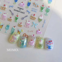 Colorful Food Pudding Alkali Water Bowknot Cream Fork Cup Bread Jelly Fruit Cartoon Cake Relief Nail Art Sticker Manicure Decals (ONLINE ORDER ONLY)