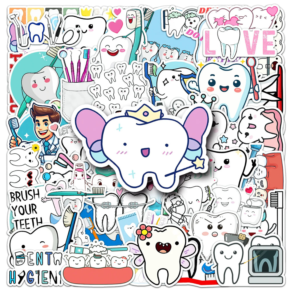 Teeth Care Cartoon Stickers: Oral Health, Funny Graffiti, DIY Decoration for Laptop, Phone, Guitar, Bike (10/30/50pcs) (Online Order Only)