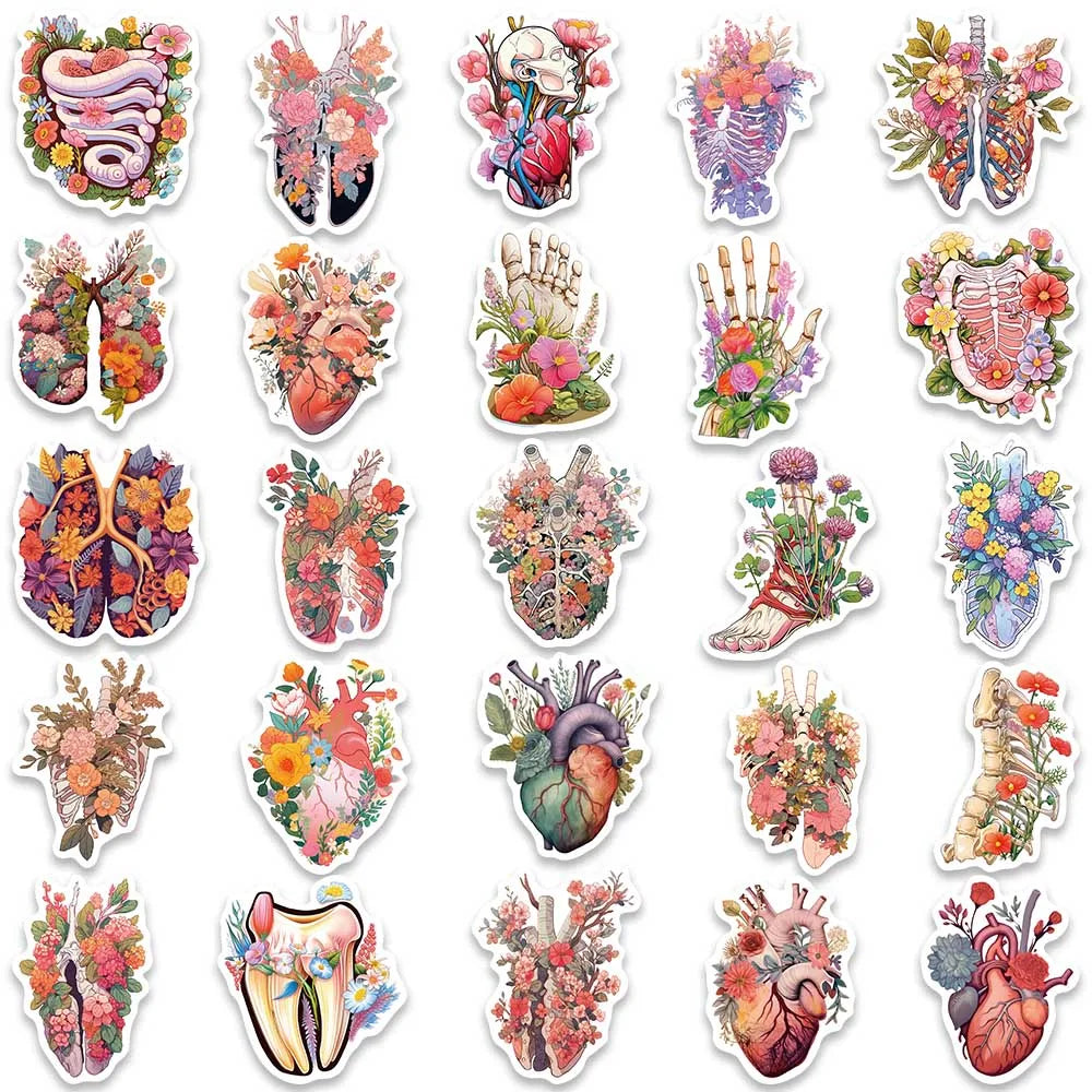 50pcs Colorful Cartoon Flowers Skull Human Organs Graffiti Stickers For Laptop Phone Guitar Luggage Waterproof Vinyl Decals (ONLINE ORDER ONLY)