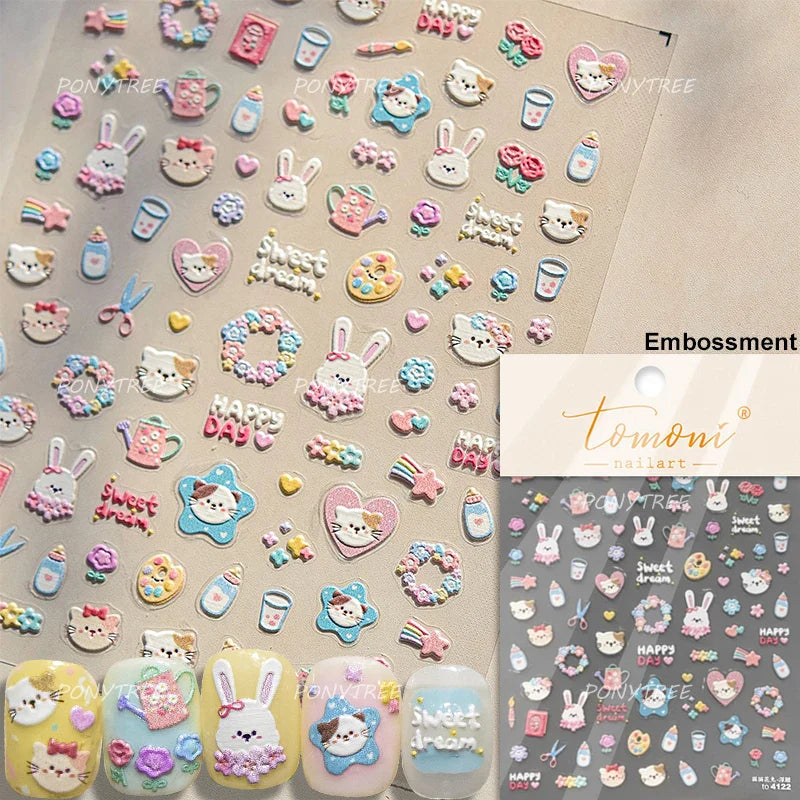 Graffiti Rabbit Dog Bunny Milk Strawberry Jewel Candy Knife Envelope Soft Relief Adhesive Nail Art Stickers Cute Manicure Decals (Online Order Only)