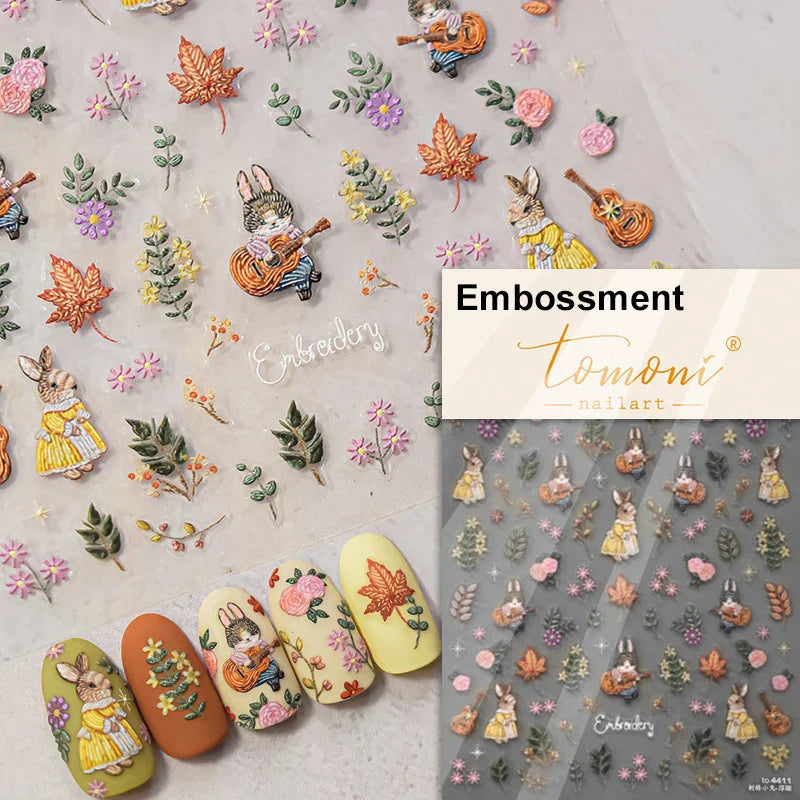 Pink Running Rabbit Bowknot Wreath Bunny Flower Tie Totem Pattern Self Adhesive Nail Art Sticker Pearl Rhinestone Manicure Decal (Online Order Only)