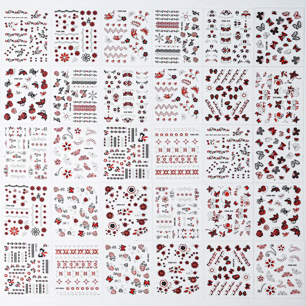 30 Sheet 3D Flower Nail Stickers Decals 6.5*5cm Transparent White Floral Leaf Butterflies Heart Nail Art Adhesive Strip Supplies (ONLINE ORDER ONLY)