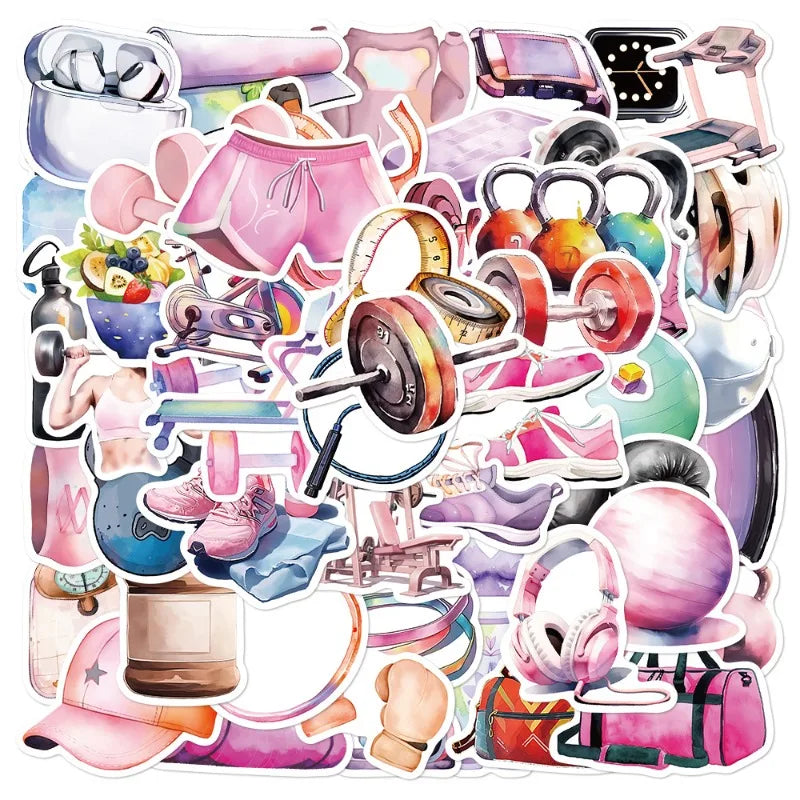 50pcs Cartoon Exercise Equipment Stickers for Helmet, Wall, Desktop Decoration (ONLINE ORDER ONLY)