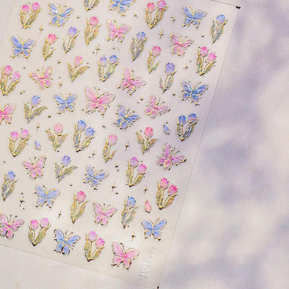Delicate Dreamy Petal Star Tulip Flower Purple Bowknot Butterfly Illusion Chic Relief Adhesive Nail Art Stickers Manicure Decals (Online Order Only)