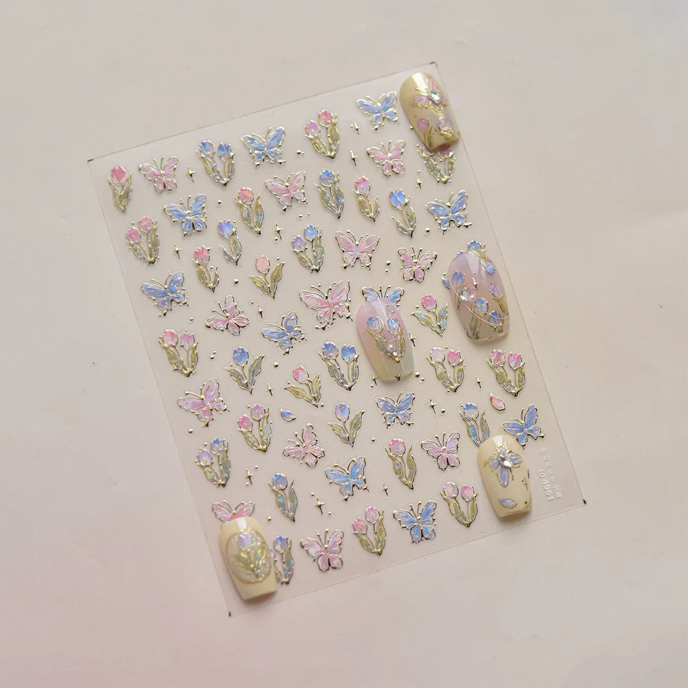 Delicate Dreamy Petal Star Tulip Flower Purple Bowknot Butterfly Illusion Chic Relief Adhesive Nail Art Stickers Manicure Decals (Online Order Only)