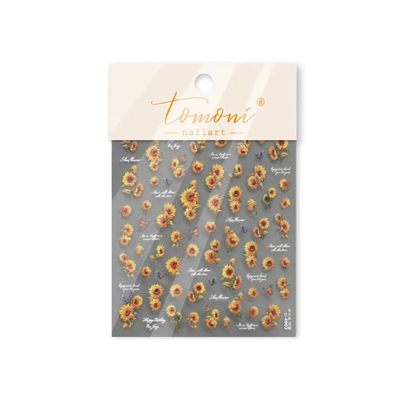 Embossed Shiny Vigor Sunflower Turnsole Vitality Butterfly Daisy Oil Painting Plant 5D Adhesive Nail Art Sticker Manicure Decals (ONLINE ORDER ONLY)