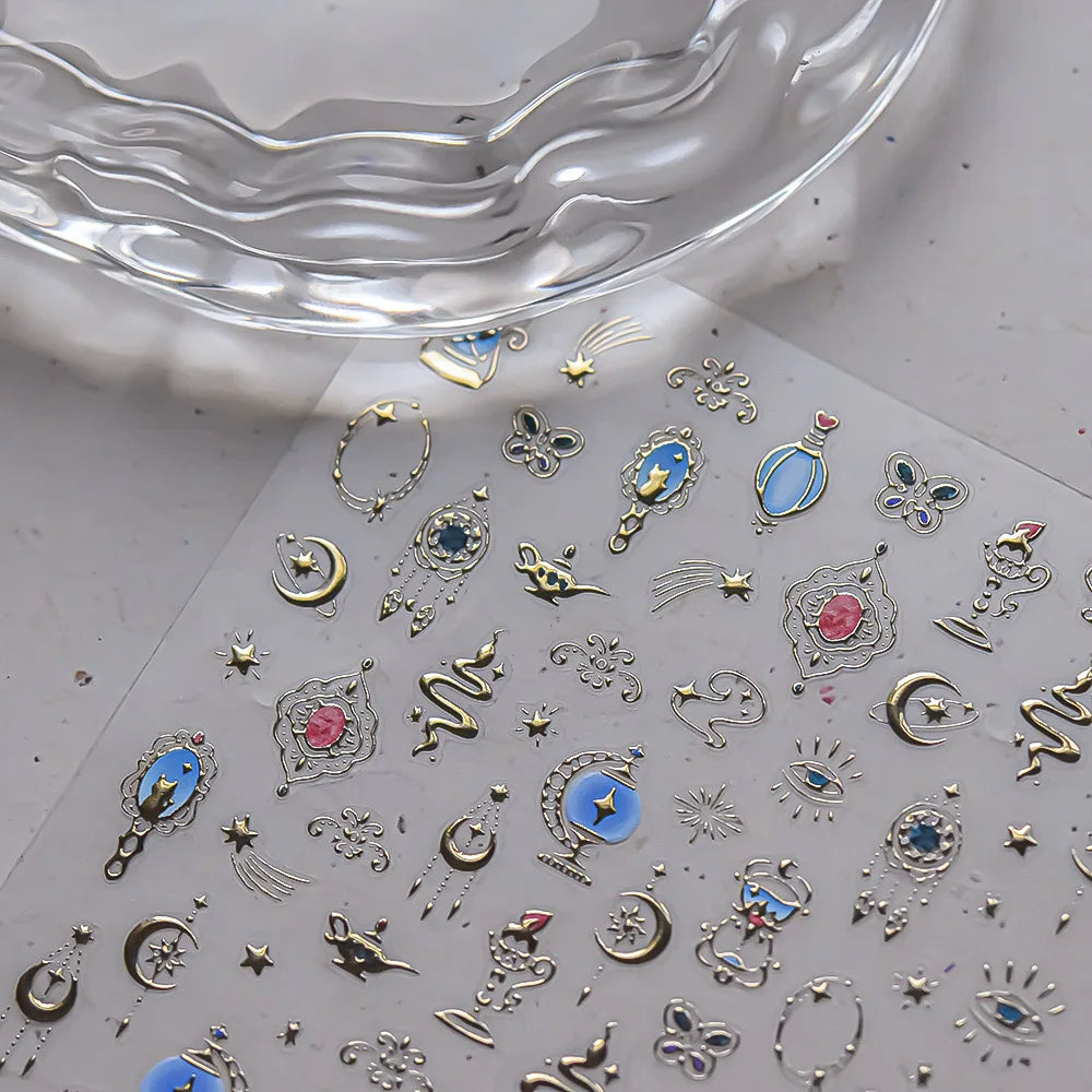Metal Snake Flower Pattern Stars Eye Pot Moon Butterfly Story Retro Meteor Candle Hourglass Nail Art Sticker Manicure Tool Decal (ONLINE ORDER ONLY)