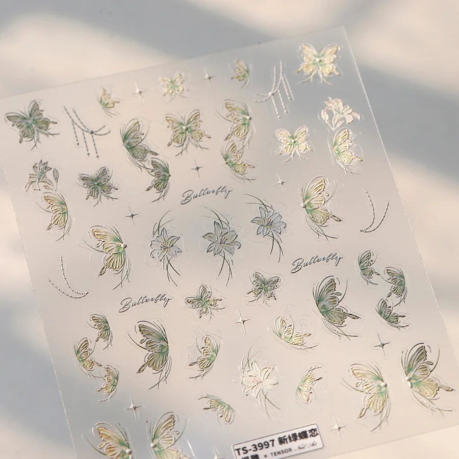 Green Blue Glass Butterfly Lily Flowers Star Line Water Droplet Charming Shiny Self Adhesive Nail Art Stickers Manicure Decals (ONLINE ORDER ONLY)