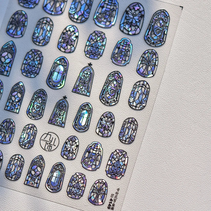 Retro Shiny Glazed Rococo Flower Window Dreamy Butterfly Geometric Frame Stamp Embossed Reliefs Nail Art Stickers Manicure Decal (Online Order Only)