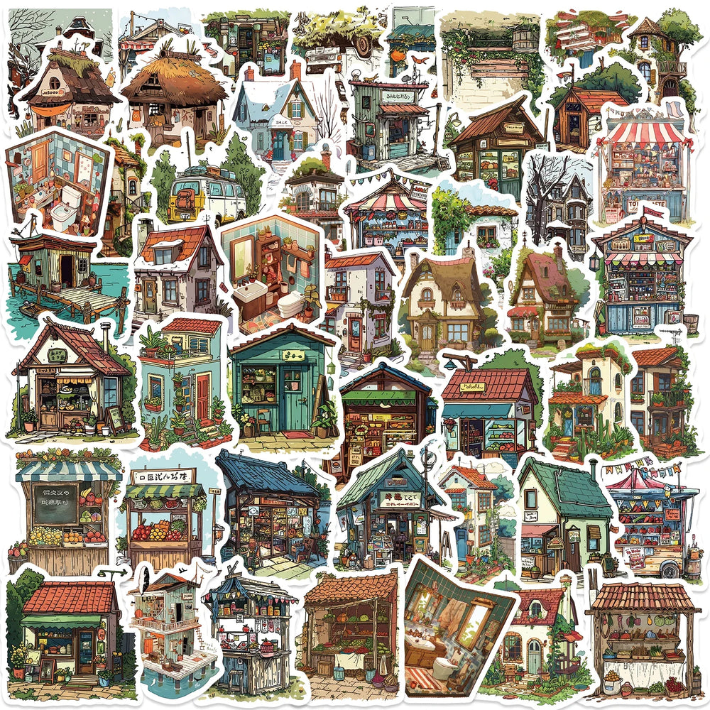 50pcs Vintage Retro Small House Stickers For Scrapbook Phone Laptop Guitar Stationery DIY Waterproof Sticker Decals Kids Toy (Online Order Only)