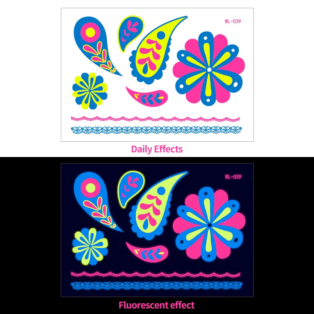 1pc Bohemia Fluorescent Sticker Luminous Temporary Tattoos Stickers UV Glow Fluorescent Tattoo Waterproof For Body Art Decals *& (Online Order Only)