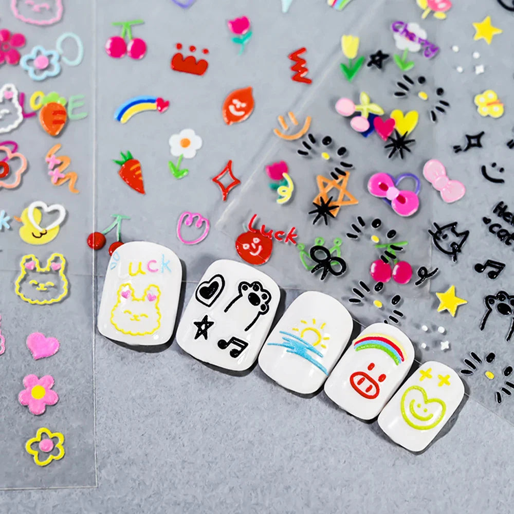 1 Sheet 5D Embossed Nail Art Stickers Graffiti Heart Flower Design Nail Art Decals Self-Adhesive DIY Manicure Nail Art Supplies* (ONLINE ORDER ONLY)