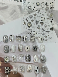 Silver Star Moon Clock Watch Cherry Love Heart Bowknot Gird Irregular Lines Dot Liquid Lava Nail Art Stickers Manicure Decals (ONLINE ORDER ONLY)
