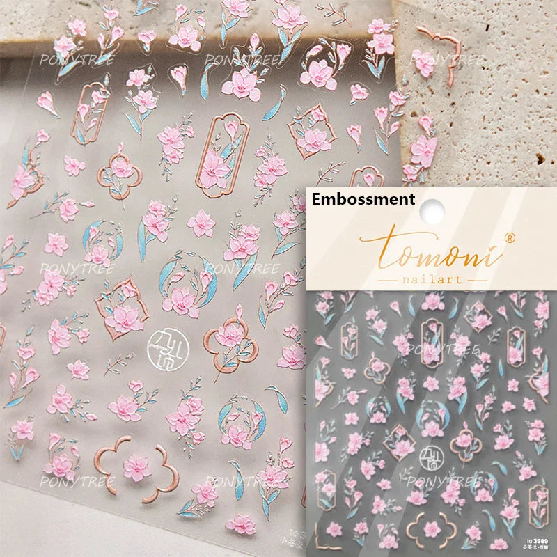 Pink Peach Blossom Flower White Pear Romantic Archaistic Swallow Window Adhesive Nail Art Stickers Rhinestone Manicure Decals (ONLINE ORDER ONLY)