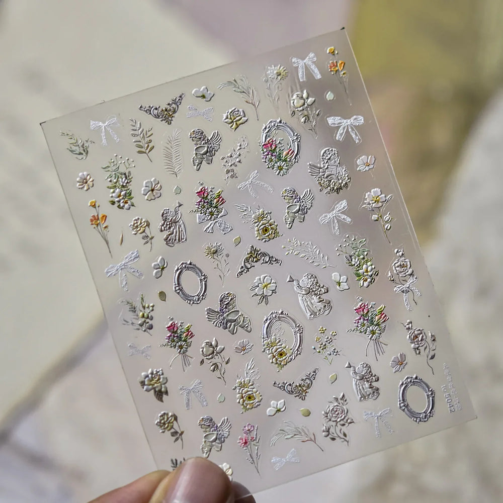 European Garden Angel Wing White Rose Flower Bed Vase Lace Bowknot Statue Adhesive Nail Art Decoration Sticker Manicure Decals (ONLINE ORDER ONLY)