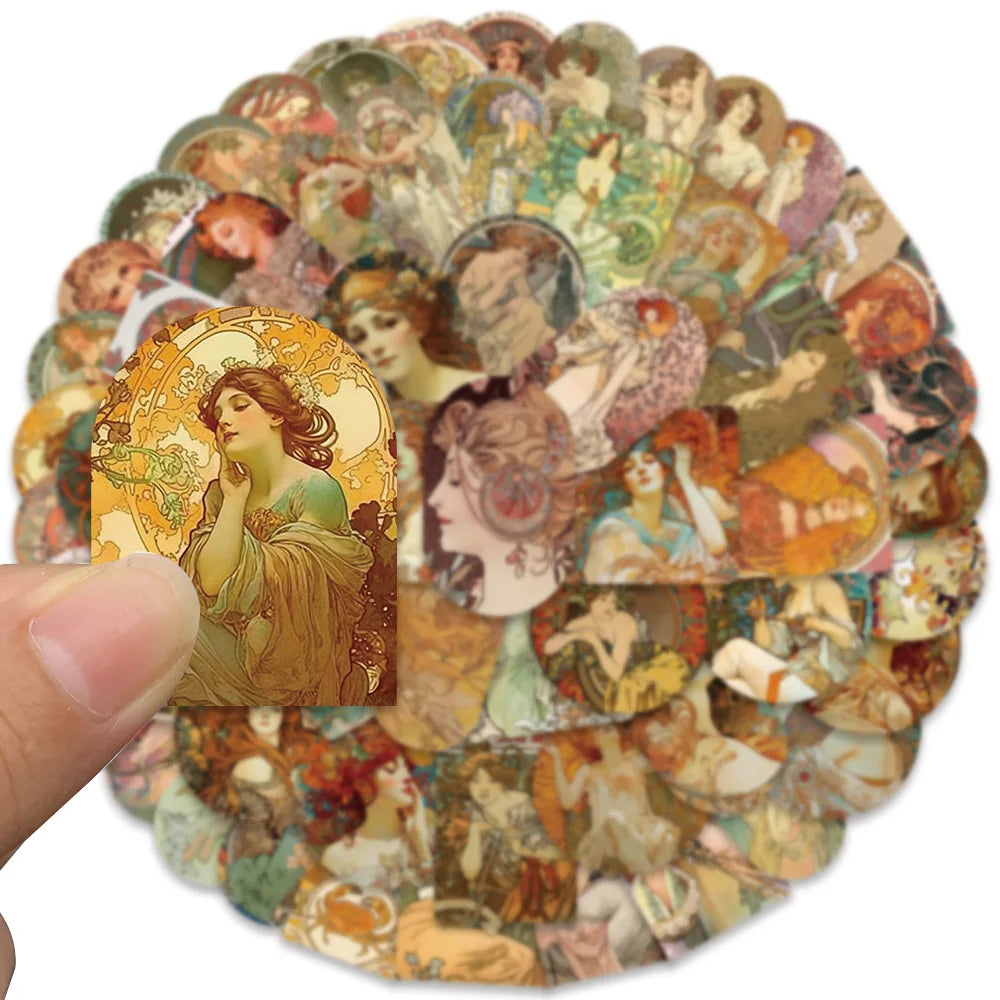 10/30/60PCS Alphonse Maria Mucha Art Graffiti Stickers Aesthetic Decoration DIY Phone Scrapbook Fridge Bike Wall Decals Kids Toy (ONLINE ORDER ONLY)
