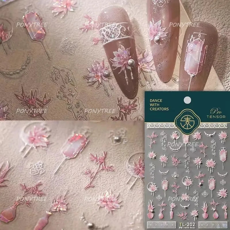 Orchid Daisy Chrysanthemum Peach Blossom Lotus Flower Vase Floral Art Fan Wintersweet Adhesive Nail Art Stickers Manicure Decals (Online Order Only)