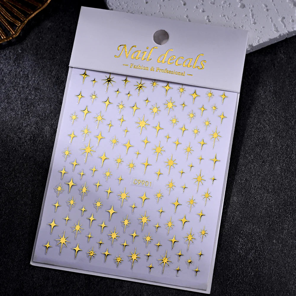 1Sheet Laser Star Nail Stickers 3D Metallic Mirror Gold/Silver Irregular Star Manicure Decals Y2K Self Adhesive Nails Decoration (ONLINE ORDER ONLY)