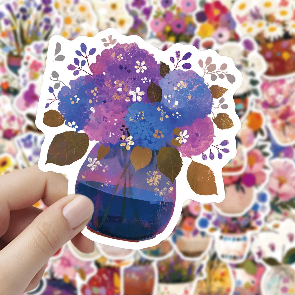 10/30/54PCS Hand Painted Flowers Stickers Flowers in Cup DIY Toy Potted Plants Sticker Laptop Phone Guitar Car Bike Skateboard (ONLINE ORDER ONLY)