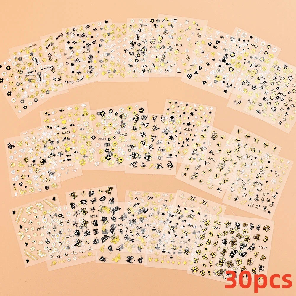 30Sheet 3D Glitter Christmas Nail Art Stickers Santa Claus Snowflake Elk Christmas Tree Design Nail Decals Cartoon Nail Supplies (Online Order Only)