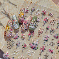 Romantic Candle Holder Lace Rambler Rose Pink Flower Bowknot Candlestick Ribbon Adhesive Nail Art Stickers Shiny Manicure Decals (ONLINE ORDER ONLY)