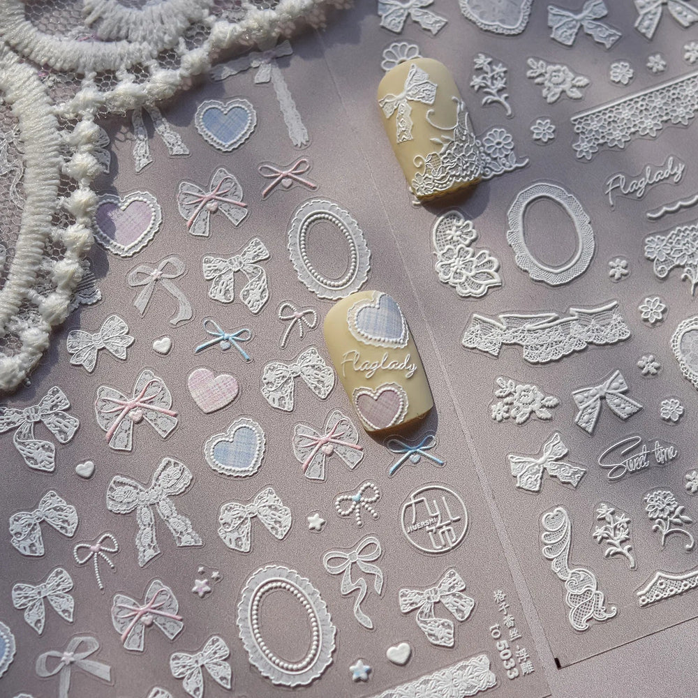 Gird Lace Bowknot Love Heart Flower Fabric Printing Frame Bow Tie Rococo Pattern Daisy Tender Nail Art Stickers Manicure Decals (ONLINE ORDER ONLY)