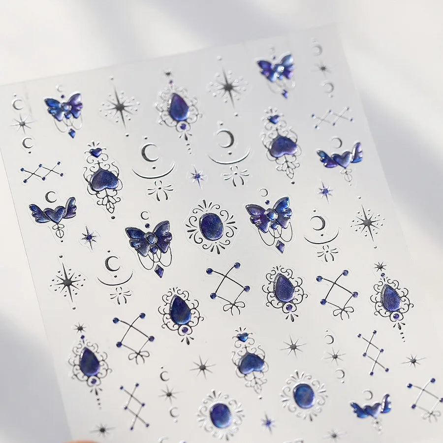 Romantic Purple Star Moon Butterfly Bowknot Retro Water Drop Gem Starburst Adhesive Nail Art Stickers Starlight Manicure Decals (ONLINE ORDER ONLY)