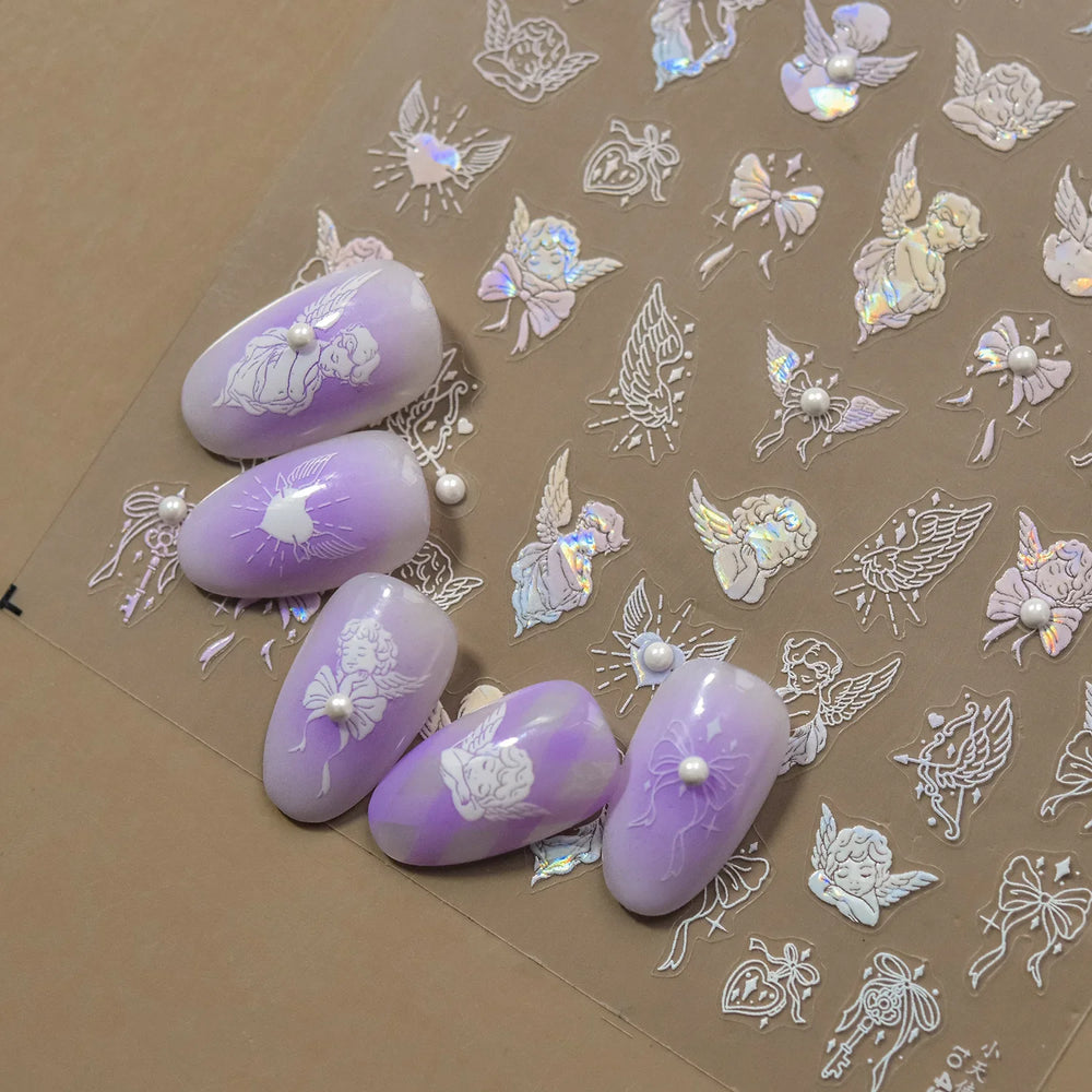 White Pink Baby Child Angel Wing Heart Bowknot Leaves Key Star Cupid's Arrow Archery Adhesive Nail Art Stickers Manicure Decals (ONLINE ORDER ONLY)