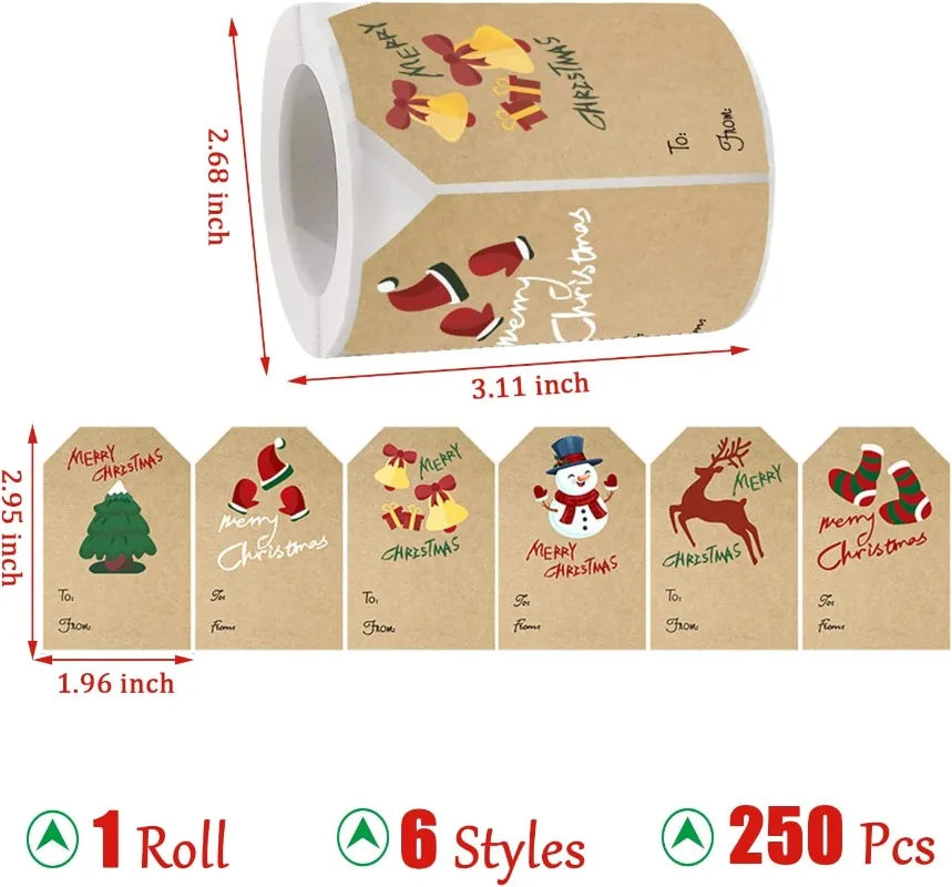 250PCS Christmas Gift Tag Stickers Self-Adhesive for Christmas Presents Labels Sticker Snowmen Xmas Tree Deer Holiday Gift (ONLINE ORDER ONLY)