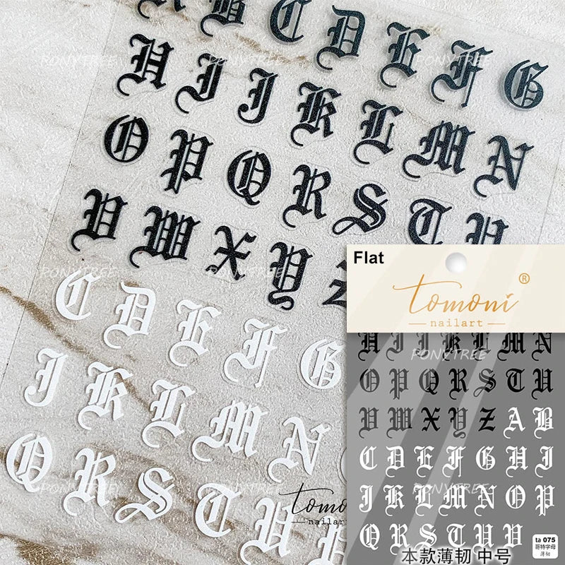 Romantic White Black Capital English Letters Chic Gold Punk Colorful Stamp Word 3D Self Adhesive Nail Art Sticker Manicure Decal (ONLINE ORDER ONLY)