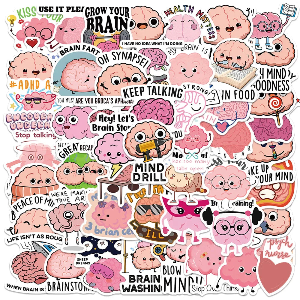 50pcs Funny Water Bottle Stickers Cute Cartoon Brain Stickers For Laptop Luggage Guitar Phone Bicycle Waterproof Vinyl Decals (ONLINE ORDER ONLY)