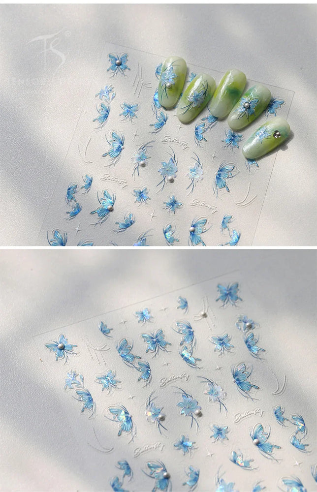Chic Butterfly Flower Lily Lilium Narcissus Line Beautiful Blue Pearl Self Adhesive Nail Art Stickers Decorations Manicure Decal (Online Order Only)