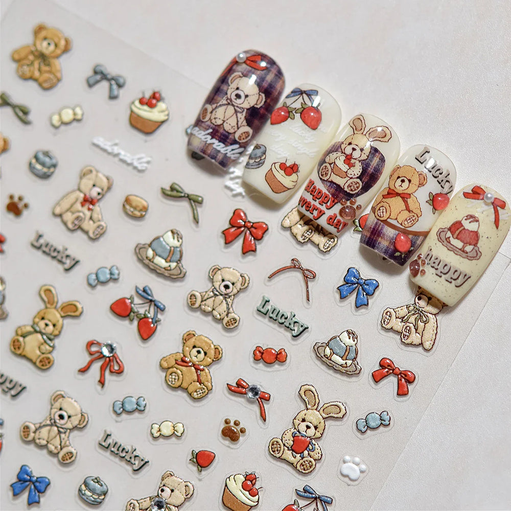 Charm Retro Bear Candy Cake Bowknot Rabbit Bunny Strawberry Footprint Muffin 3D Adhesive Nail Art Stickers Chic Manicure Decals (ONLINE ORDER ONLY)