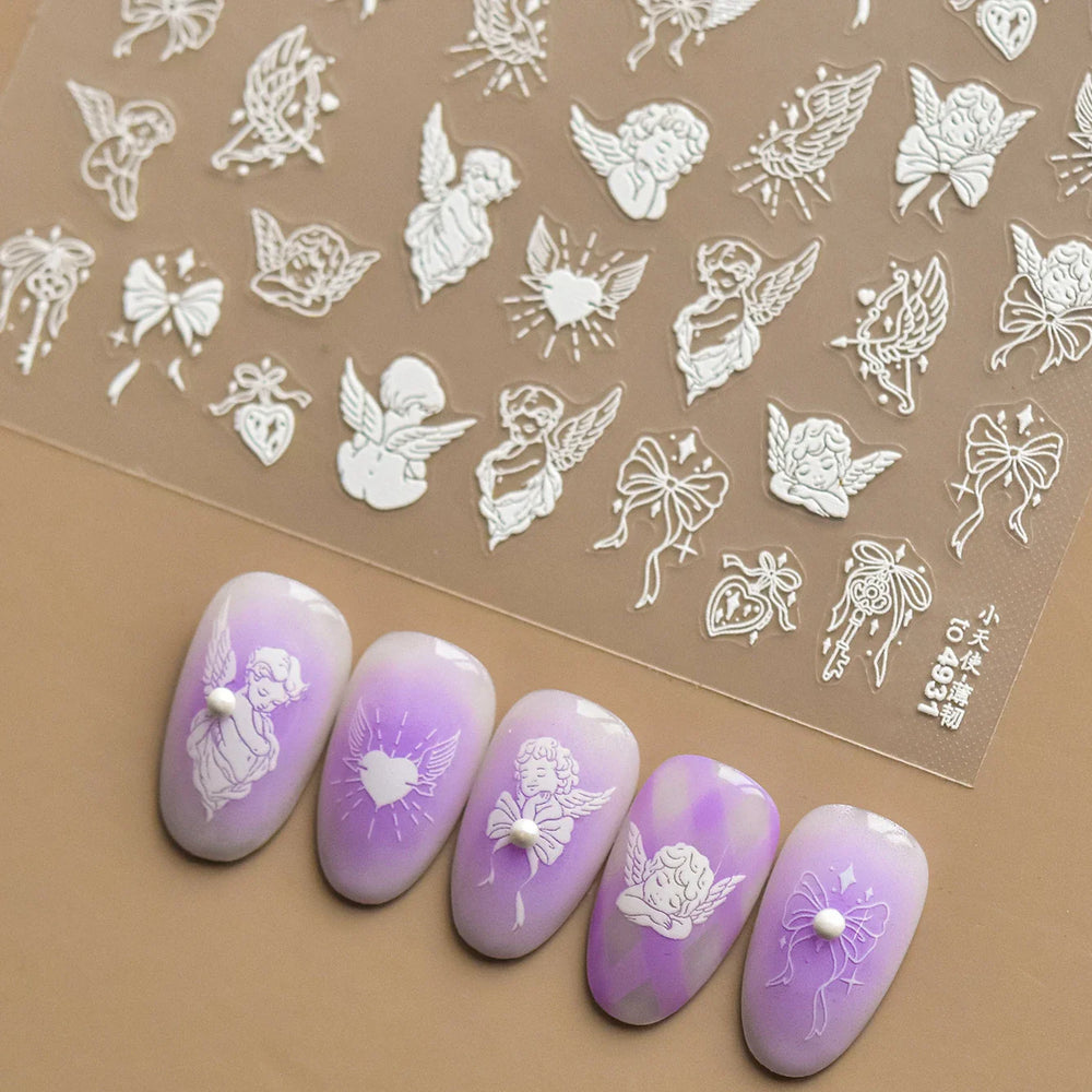 White Pink Baby Child Angel Wing Heart Bowknot Leaves Key Star Cupid's Arrow Archery Adhesive Nail Art Stickers Manicure Decals (ONLINE ORDER ONLY)