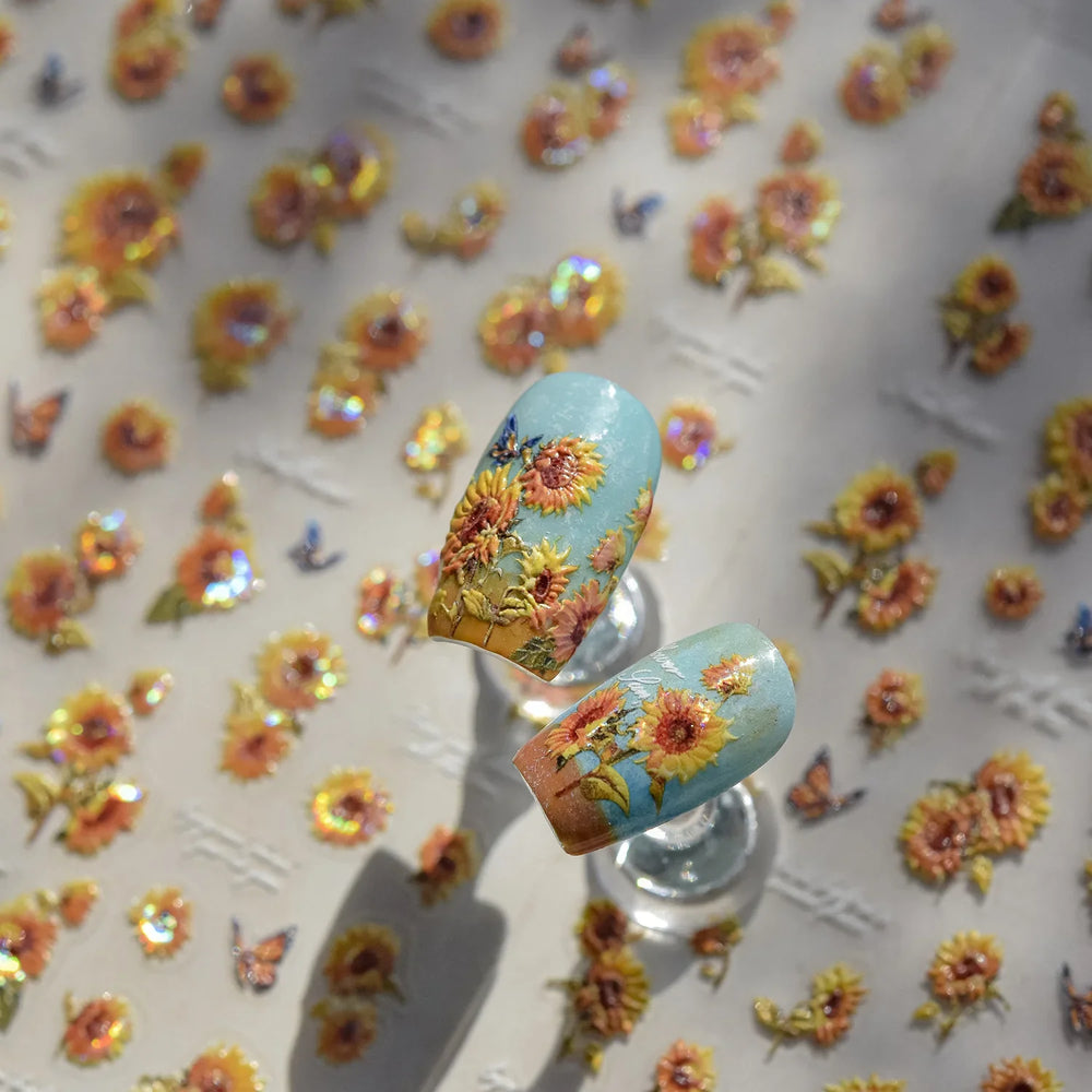 Embossed Shiny Vigor Sunflower Turnsole Vitality Butterfly Daisy Oil Painting Plant 5D Adhesive Nail Art Sticker Manicure Decals (ONLINE ORDER ONLY)