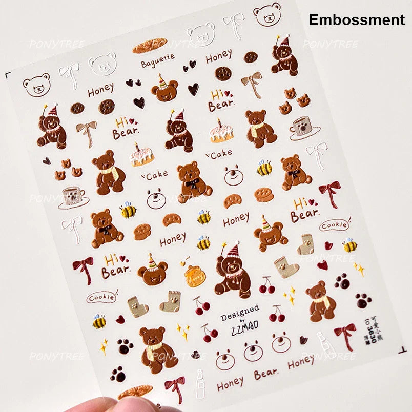 Charm Retro Bear Candy Cake Bowknot Rabbit Bunny Strawberry Footprint Muffin 3D Adhesive Nail Art Stickers Chic Manicure Decals (ONLINE ORDER ONLY)