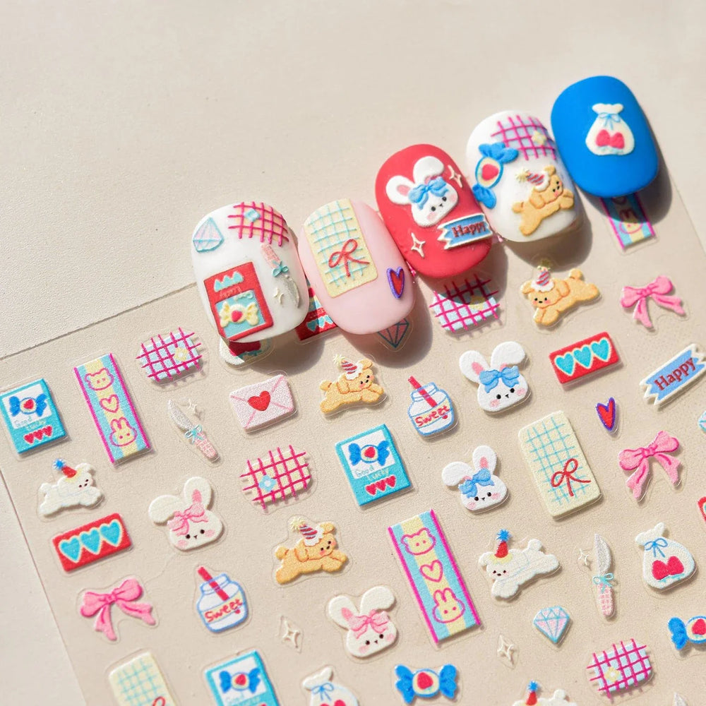 Graffiti Rabbit Dog Bunny Milk Strawberry Jewel Candy Knife Envelope Soft Relief Adhesive Nail Art Stickers Cute Manicure Decals (Online Order Only)