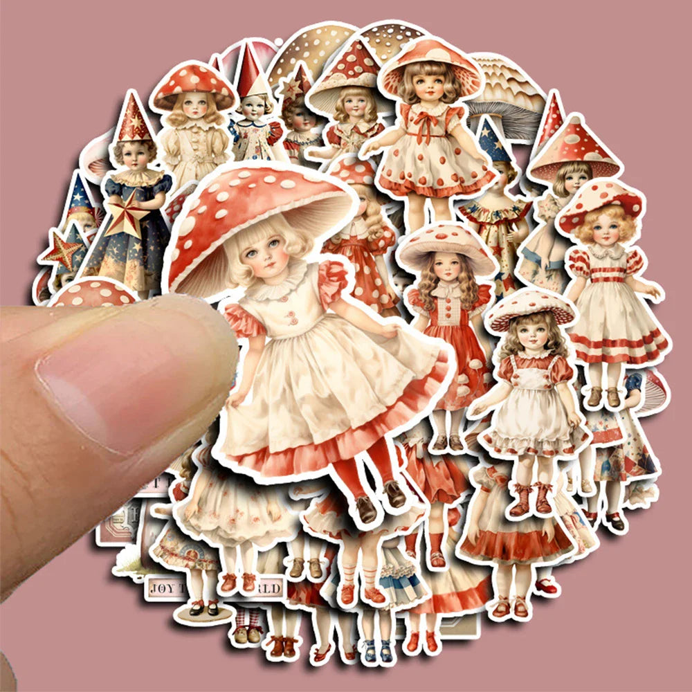 10/30/50pcs Cute Retro Mushroom Head Girl Cartoon Stickers Decals Notebook Laptop Phone Suitcase Stationery Sticker Kids Toys (ONLINE ORDER ONLY)
