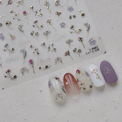 Dried Flowers Rose Butterfly Love Heart Golden Stroke Flying Crane Silver Adhesive Nail Art Stickers Rhinestone Manicure Decals (ONLINE ORDER ONLY)