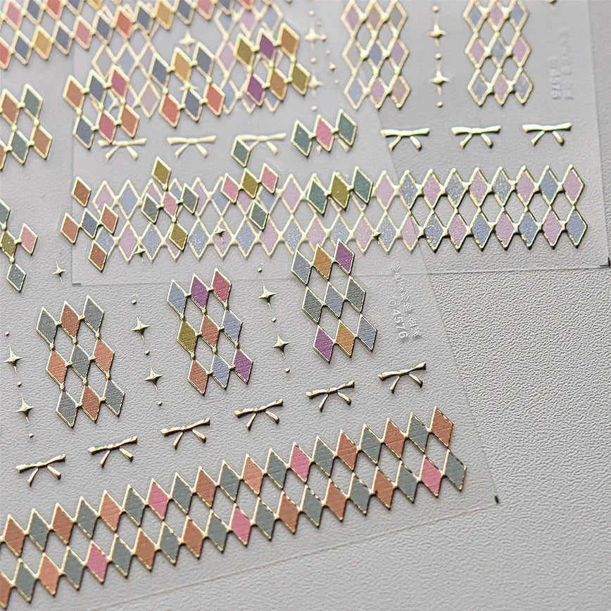 Geometric French Style Colorful Square Grid Rhombus Line Stripe Bowknot 3D Self Adhesive Nail Art Stickers Shiny Manicure Decals (ONLINE ORDER ONLY)
