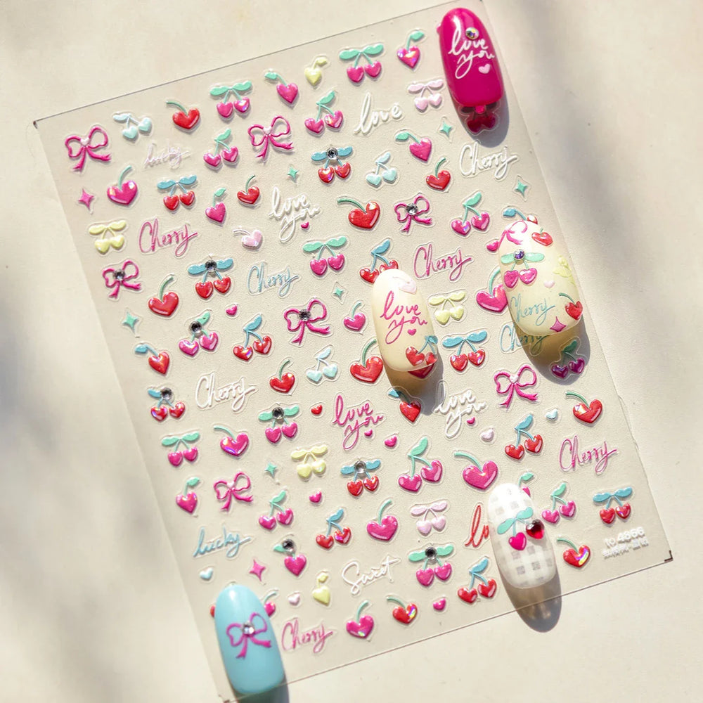 Lovely Pink Red Cherry Fruit Love Heart Star Lucky Letter Bowknot Romantic Adhesive Nail Art Stickers Rhinestone Manicure Decals (Online Order Only)