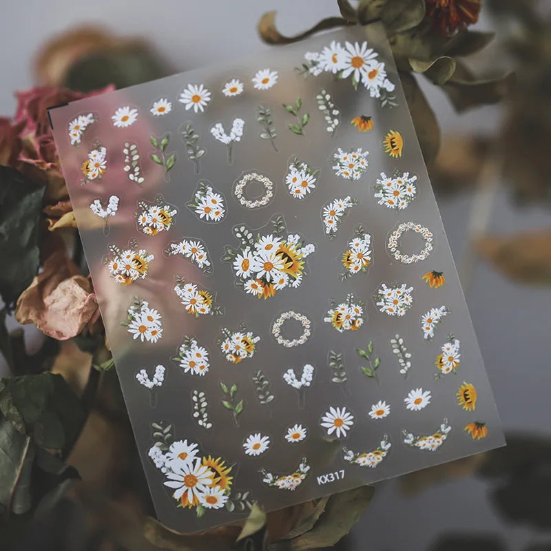 White Daisy Sunflower Green Leaves Wreath Garland Flower Cluster Bouquet Flat Adhesive Nail Art Sticker Manicure Decals Supplies (Online Order Only)