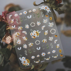 White Daisy Sunflower Green Leaves Wreath Garland Flower Cluster Bouquet Flat Adhesive Nail Art Sticker Manicure Decals Supplies (Online Order Only)