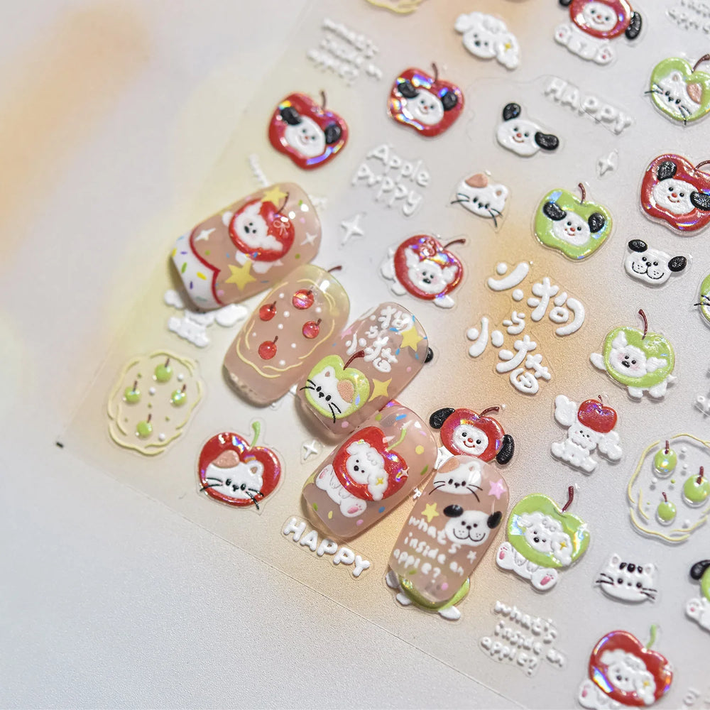 Cute Apple Fruit Dog Puppy Cat Kitten Adhesive Nail Art Sticker Charming Delicate Rhinestone Shiny Manicure Decals Nail Supplies (ONLINE ORDER ONLY)
