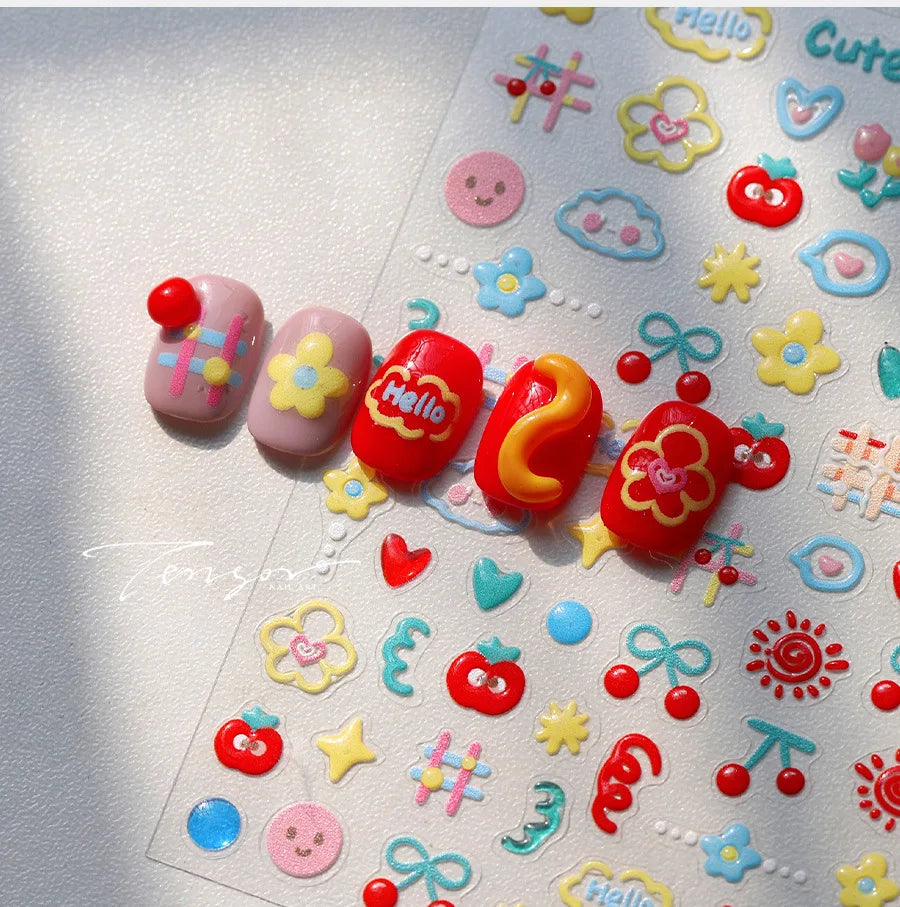 Flower Star Sun Grid Line Interesting Graffiti Tulip Cherry Apple Fruit Dot Painting Adhesive Nail Art Stickers Manicure Decals (ONLINE ORDER ONLY)
