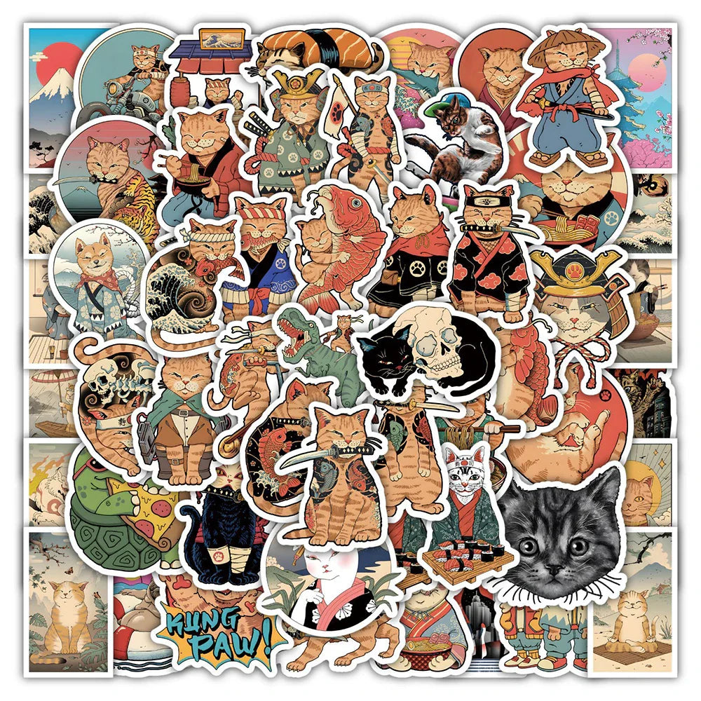 Anime Samurai Cat Stickers Pack - Cute Cartoon Decals for Phone, Laptop, Luggage, Skateboard (ONLINE ORDER ONLY)