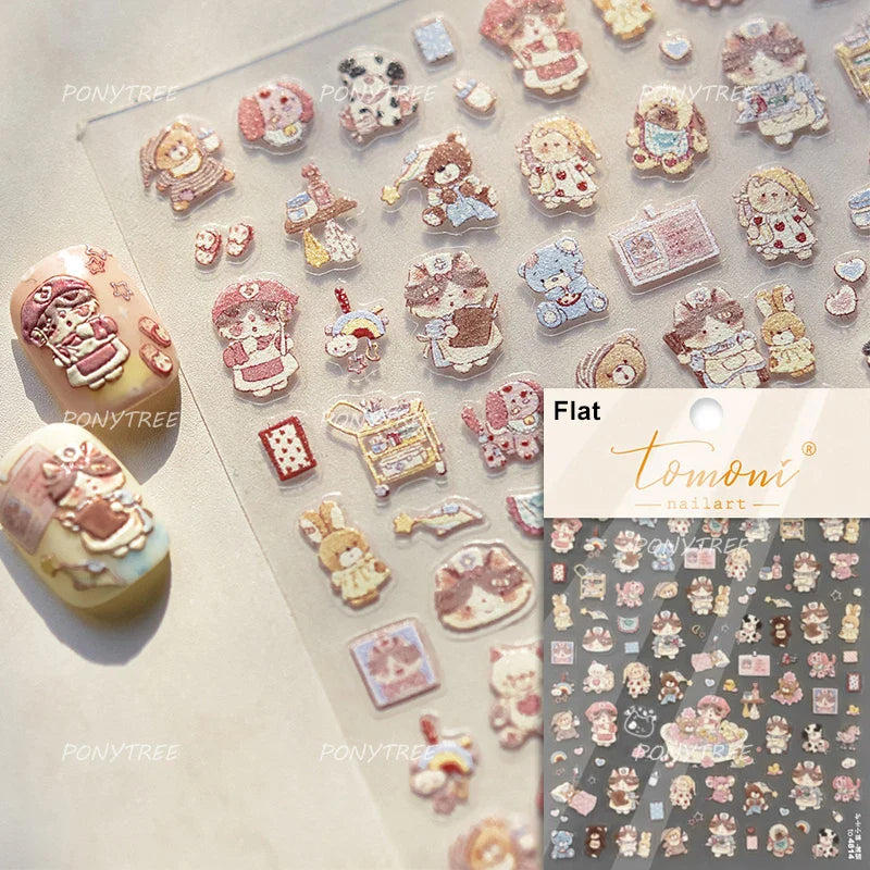 Cream Wind Cat Rabbit Kitten Bunny Bowknot Flower Butterfly Cake Cherry Tulip 5D Self Adhesive Nail Art Stickers Manicure Decals (Online Order Only)