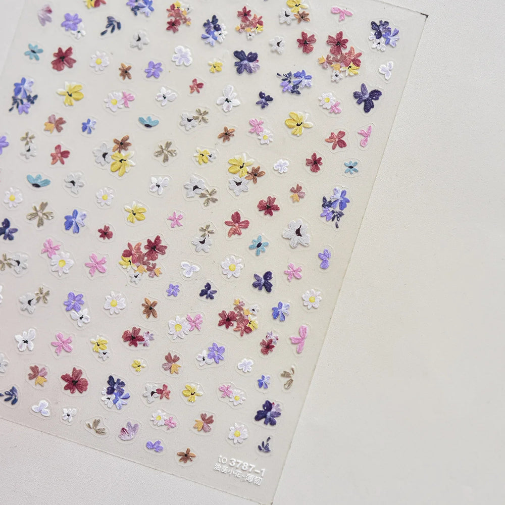 Chic Wild Flower Oil Painting Small Variegated Daisy Peach Blossom Lavender Petal Adhesive Nail Art Stickers Manicure Decals (Online Order Only)