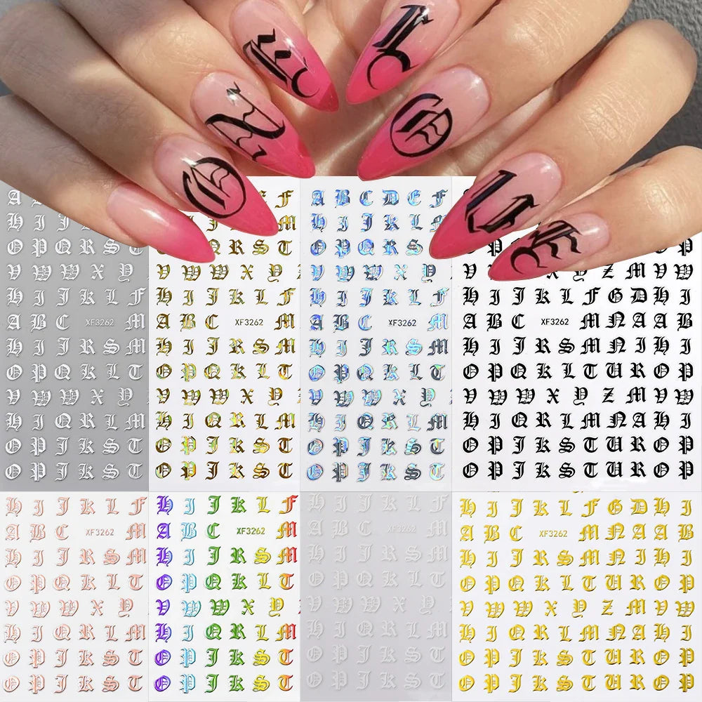 8pcs Gothic Alphabet Design Nail Art Stickers Retro English Letter Nail Art Stickers 3D Self-Adhesive Designs Nail Art Supplies* (Online Order Only)
