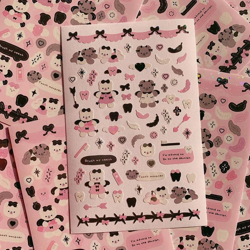 Korean Cute Devil Bear Dialog Laser Sticker Scrapbooking DIY Album Decoration Sticker Aesthetic Kawaii Stationery Halloween Gift (ONLINE ORDER ONLY)
